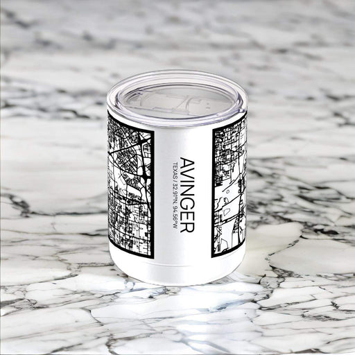 Avinger Texas Custom City Map Inscription Coordinates on 10oz Stainless Steel Insulated Cup in Matte White with Sliding Lid