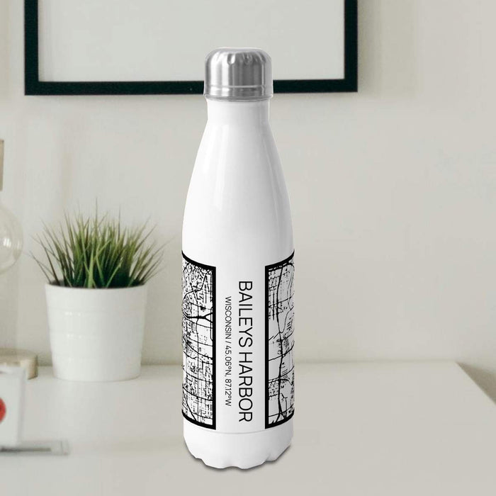 Baileys Harbor Wisconsin Custom City Map Inscription Coordinates on 17oz Stainless Steel Insulated Cola Bottle in Stainless in Matte White