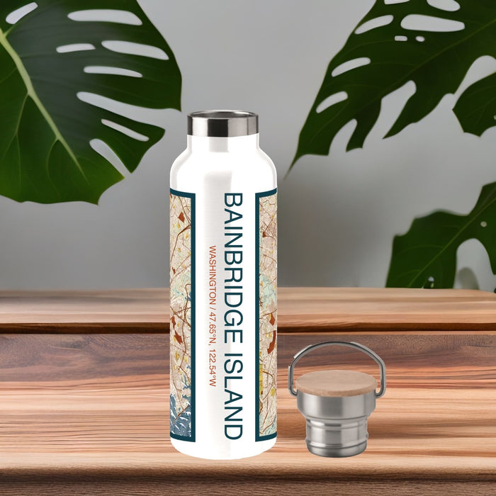 Bainbridge Island Washington Custom City Map Inscription Coordinates on 20oz Stainless Steel Insulated Bottle with Bamboo Top with printed woodblock style map