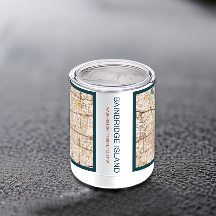 Bainbridge Island Washington Custom City Map Inscription Coordinates on 10oz Stainless Steel Insulated Cup in Woodblock with Sliding Lid