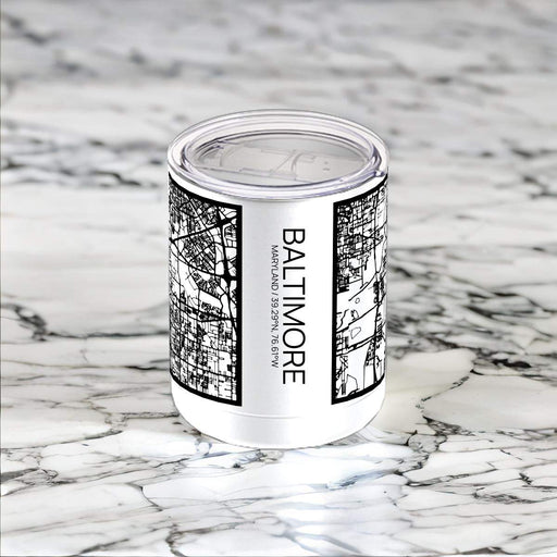 Baltimore Maryland Custom City Map Inscription Coordinates on 10oz Stainless Steel Insulated Cup in Matte White with Sliding Lid