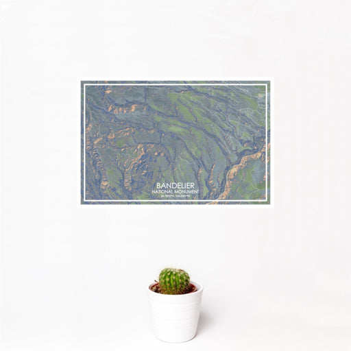 12x18 Bandelier National Monument Map Print Landscape Orientation in Afternoon Style With Small Cactus Plant in White Planter
