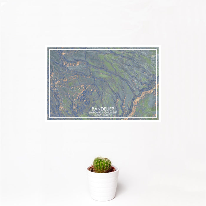 12x18 Bandelier National Monument Map Print Landscape Orientation in Afternoon Style With Small Cactus Plant in White Planter