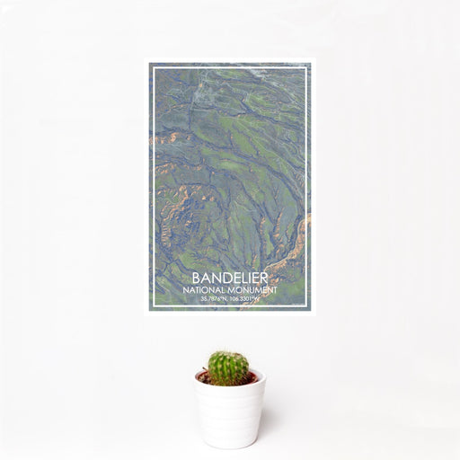 12x18 Bandelier National Monument Map Print Portrait Orientation in Afternoon Style With Small Cactus Plant in White Planter