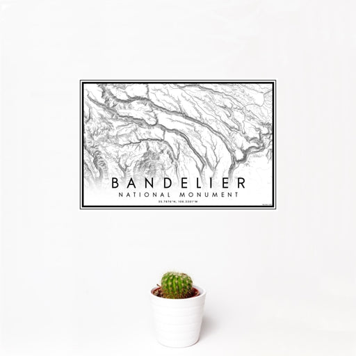 12x18 Bandelier National Monument Map Print Landscape Orientation in Classic Style With Small Cactus Plant in White Planter