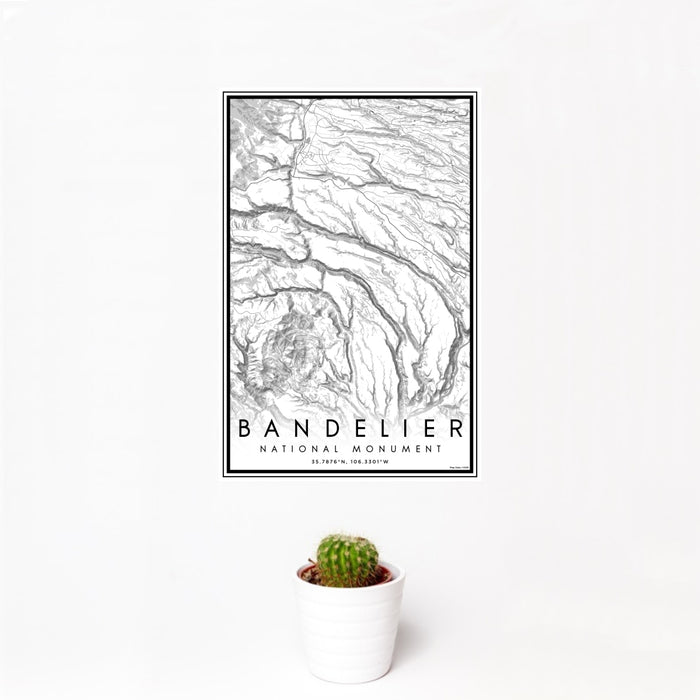 12x18 Bandelier National Monument Map Print Portrait Orientation in Classic Style With Small Cactus Plant in White Planter