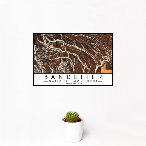 12x18 Bandelier National Monument Map Print Landscape Orientation in Ember Style With Small Cactus Plant in White Planter