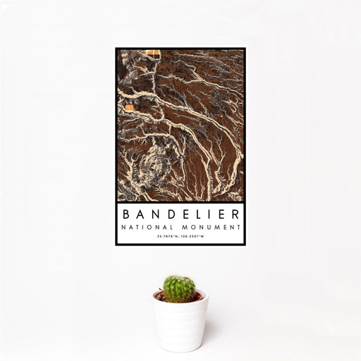 12x18 Bandelier National Monument Map Print Portrait Orientation in Ember Style With Small Cactus Plant in White Planter