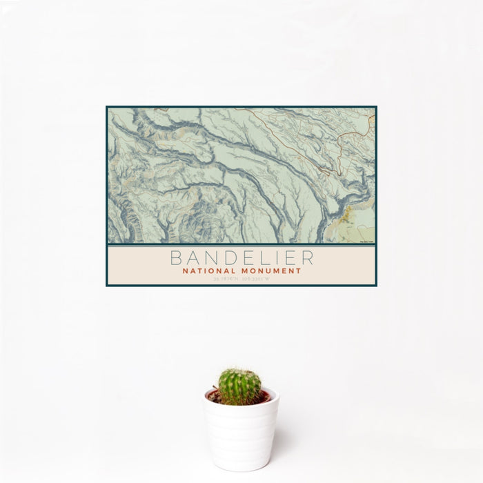 12x18 Bandelier National Monument Map Print Landscape Orientation in Woodblock Style With Small Cactus Plant in White Planter