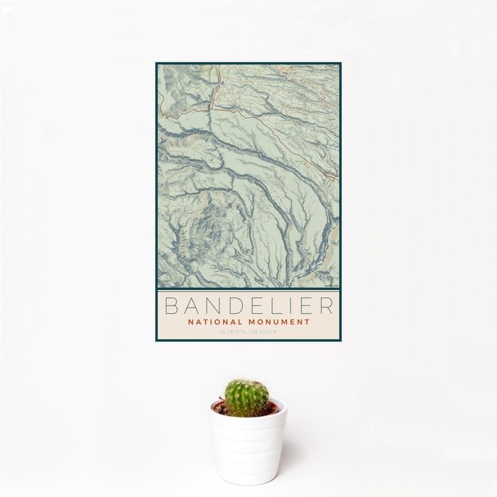 12x18 Bandelier National Monument Map Print Portrait Orientation in Woodblock Style With Small Cactus Plant in White Planter