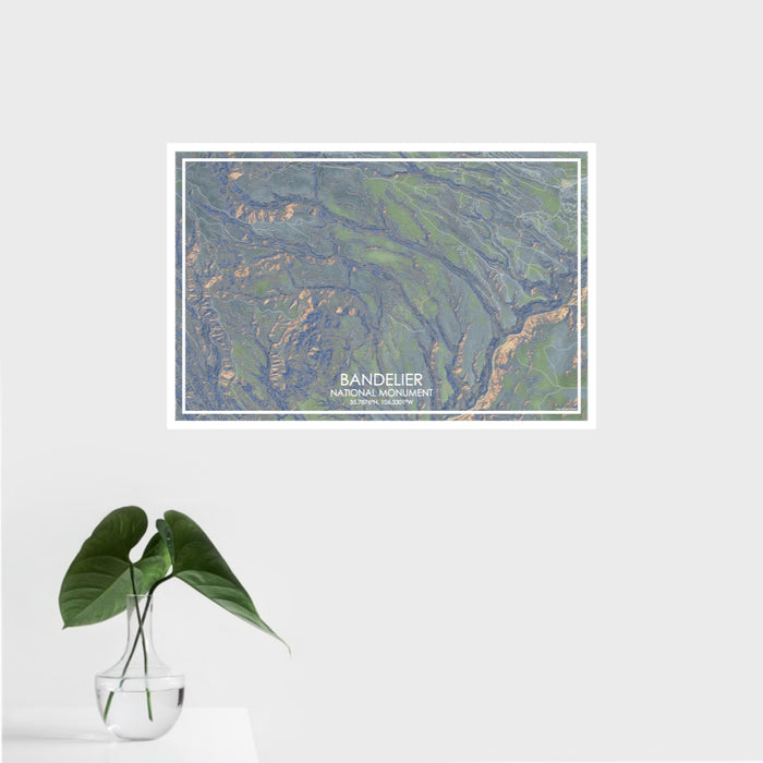 16x24 Bandelier National Monument Map Print Landscape Orientation in Afternoon Style With Tropical Plant Leaves in Water