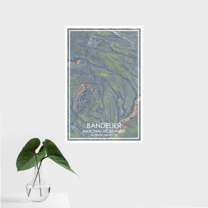 16x24 Bandelier National Monument Map Print Portrait Orientation in Afternoon Style With Tropical Plant Leaves in Water