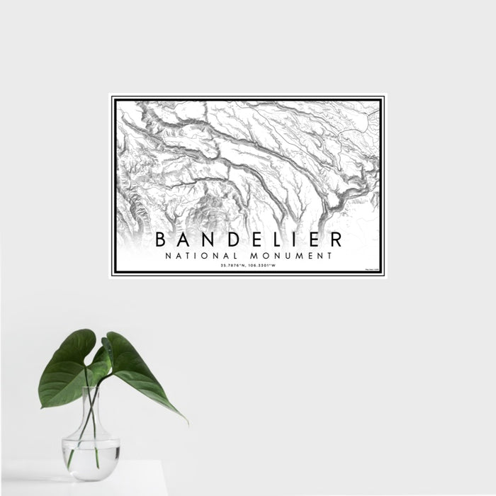 16x24 Bandelier National Monument Map Print Landscape Orientation in Classic Style With Tropical Plant Leaves in Water