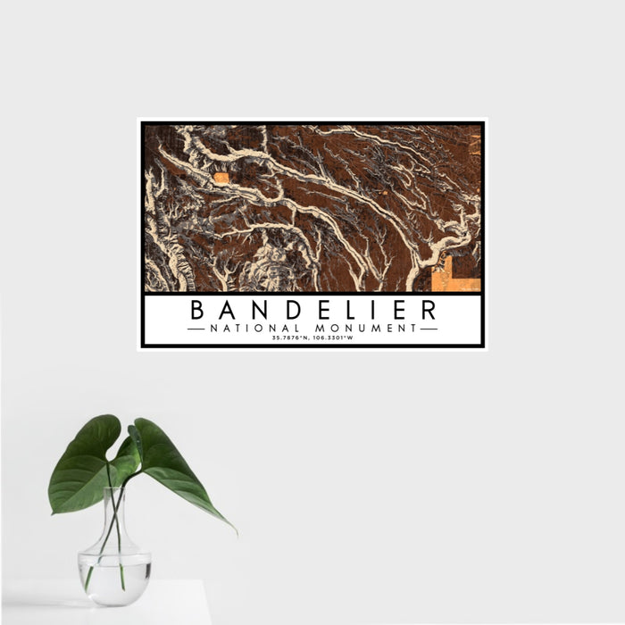 16x24 Bandelier National Monument Map Print Landscape Orientation in Ember Style With Tropical Plant Leaves in Water