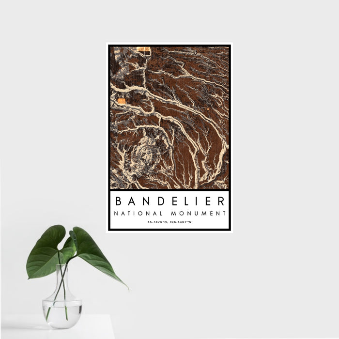 16x24 Bandelier National Monument Map Print Portrait Orientation in Ember Style With Tropical Plant Leaves in Water
