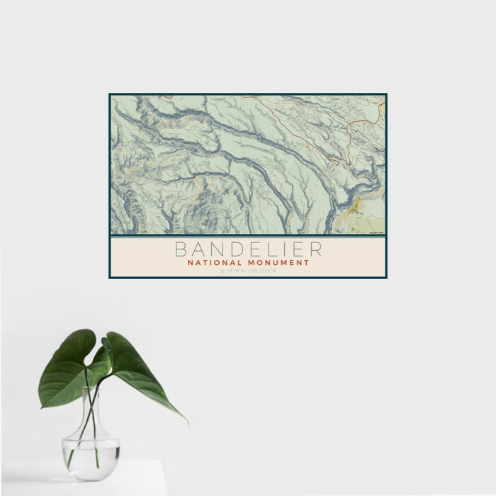 16x24 Bandelier National Monument Map Print Landscape Orientation in Woodblock Style With Tropical Plant Leaves in Water