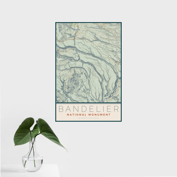 16x24 Bandelier National Monument Map Print Portrait Orientation in Woodblock Style With Tropical Plant Leaves in Water