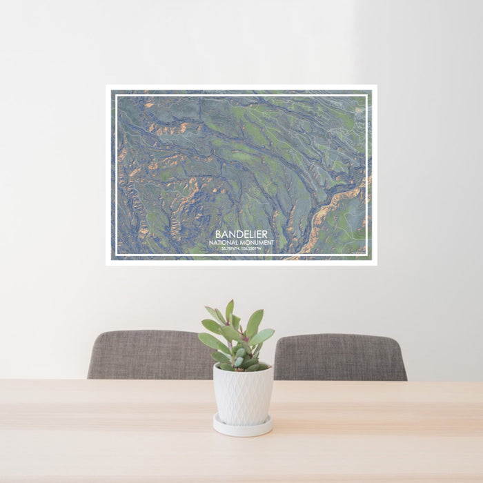 24x36 Bandelier National Monument Map Print Lanscape Orientation in Afternoon Style Behind 2 Chairs Table and Potted Plant