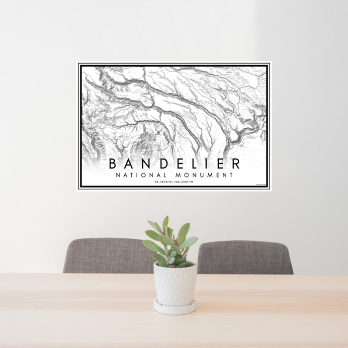 24x36 Bandelier National Monument Map Print Lanscape Orientation in Classic Style Behind 2 Chairs Table and Potted Plant