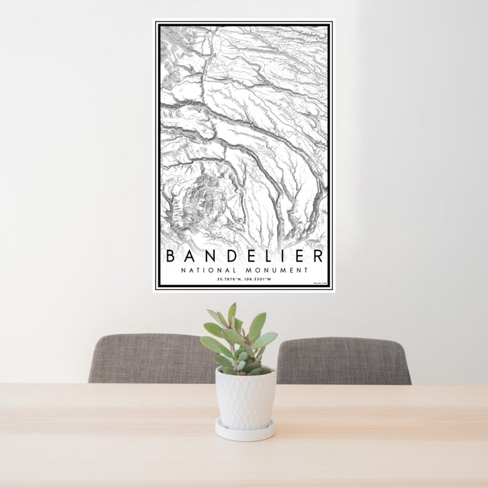 24x36 Bandelier National Monument Map Print Portrait Orientation in Classic Style Behind 2 Chairs Table and Potted Plant