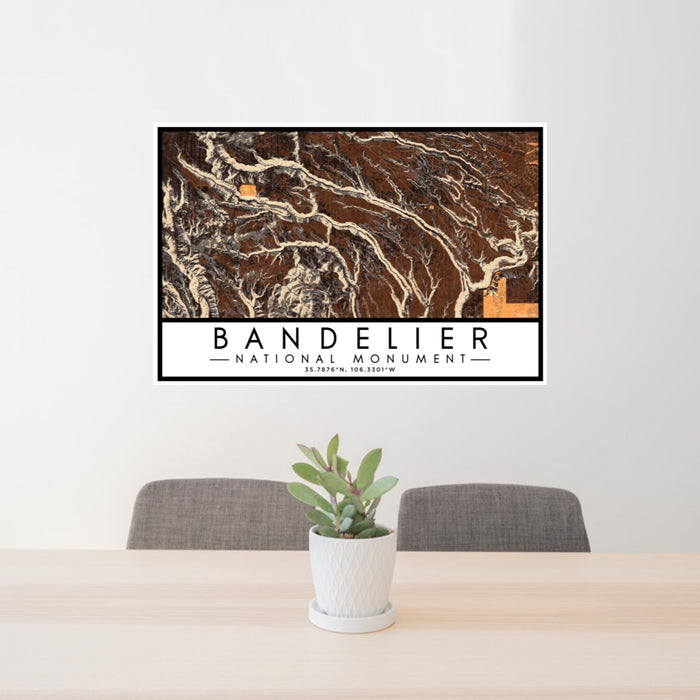 24x36 Bandelier National Monument Map Print Lanscape Orientation in Ember Style Behind 2 Chairs Table and Potted Plant