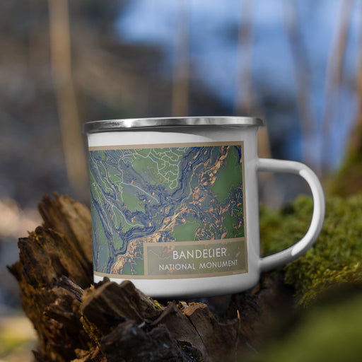 Right View Custom Bandelier National Monument Map Enamel Mug in Afternoon on Grass With Trees in Background