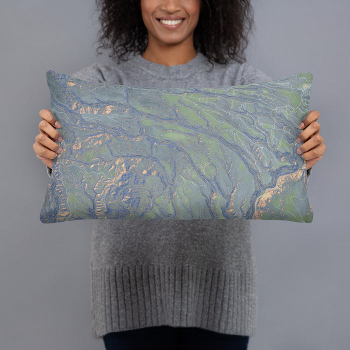 Person holding 20x12 Custom Bandelier National Monument Map Throw Pillow in Afternoon