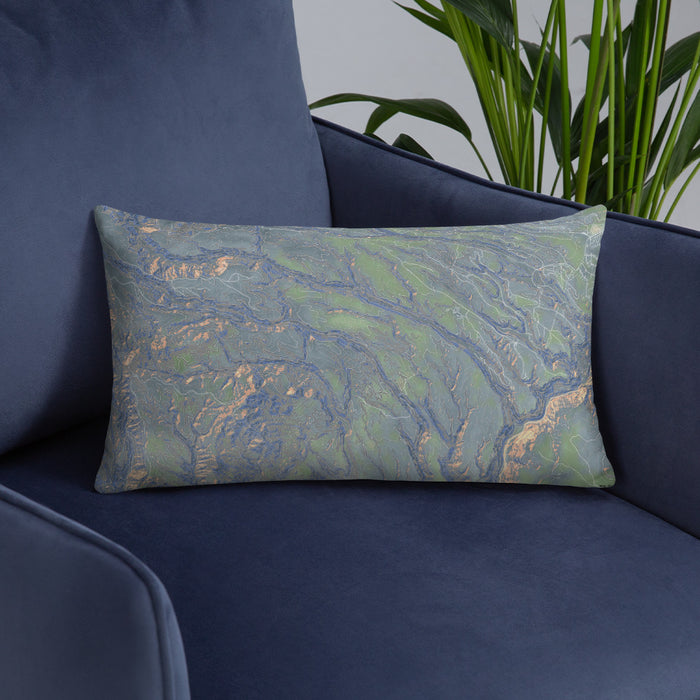 Custom Bandelier National Monument Map Throw Pillow in Afternoon on Blue Colored Chair