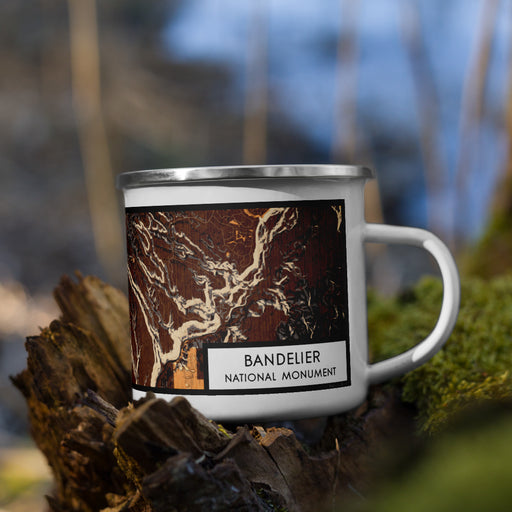 Right View Custom Bandelier National Monument Map Enamel Mug in Ember on Grass With Trees in Background