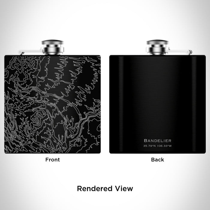 Rendered View of Bandelier National Monument Map Engraving on 6oz Stainless Steel Flask in Black