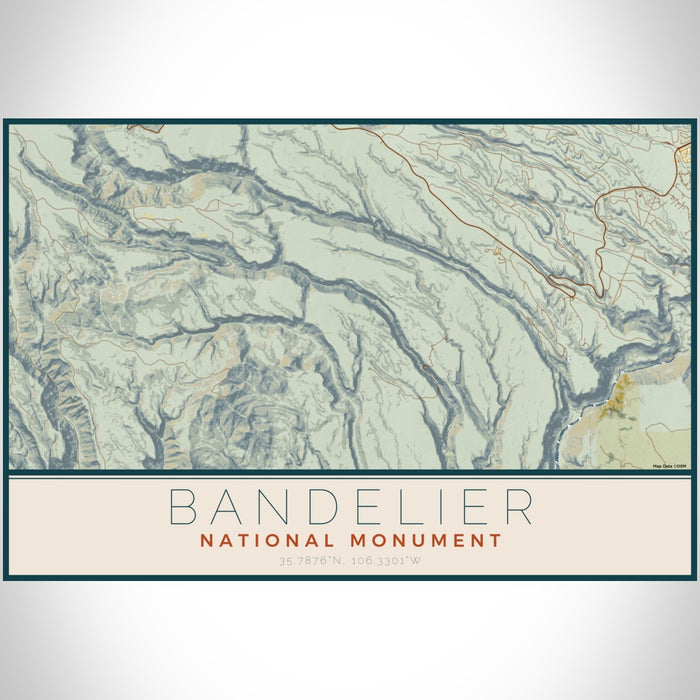 Bandelier National Monument Map Print Landscape Orientation in Woodblock Style With Shaded Background