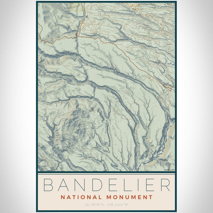Bandelier National Monument Map Print Portrait Orientation in Woodblock Style With Shaded Background