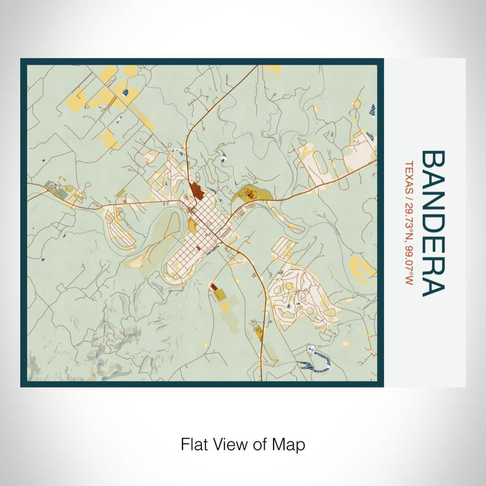 Rendered View of Bandera Texas Map on 20oz Stainless Steel Insulated Bottle with Bamboo Top with printed woodblock style map