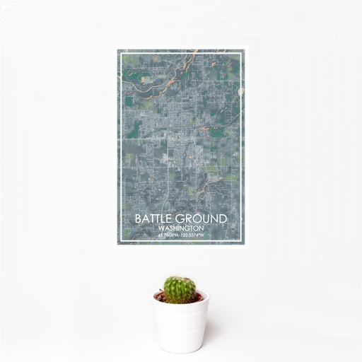 12x18 Battle Ground Washington Map Print Portrait Orientation in Afternoon Style With Small Cactus Plant in White Planter