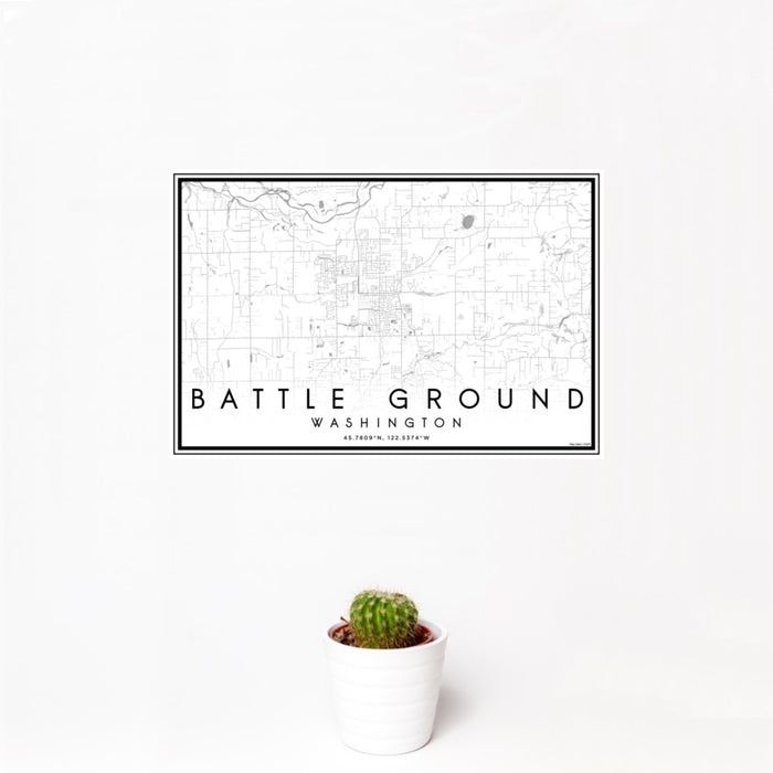 12x18 Battle Ground Washington Map Print Landscape Orientation in Classic Style With Small Cactus Plant in White Planter