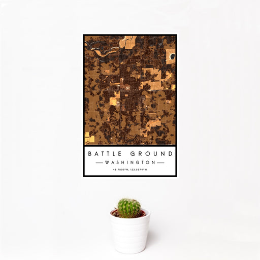 12x18 Battle Ground Washington Map Print Portrait Orientation in Ember Style With Small Cactus Plant in White Planter