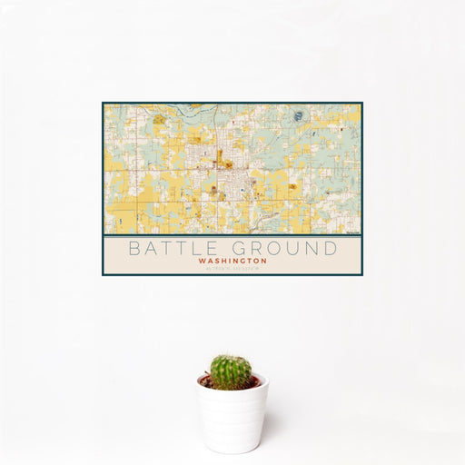 12x18 Battle Ground Washington Map Print Landscape Orientation in Woodblock Style With Small Cactus Plant in White Planter