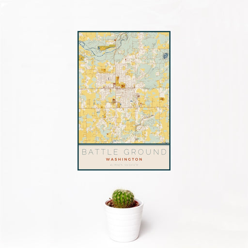 12x18 Battle Ground Washington Map Print Portrait Orientation in Woodblock Style With Small Cactus Plant in White Planter