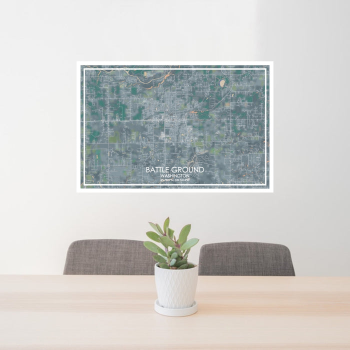 24x36 Battle Ground Washington Map Print Lanscape Orientation in Afternoon Style Behind 2 Chairs Table and Potted Plant