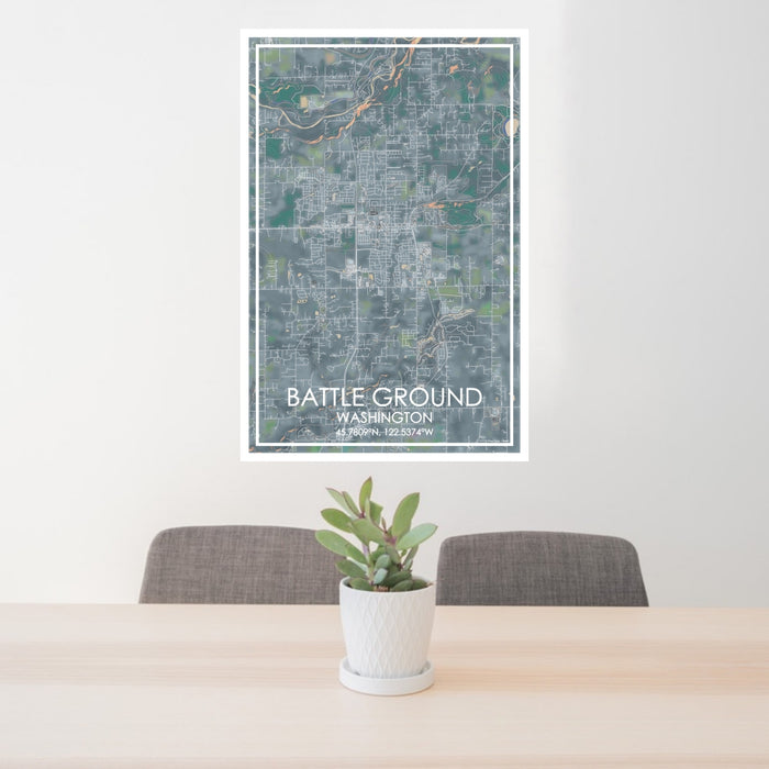 24x36 Battle Ground Washington Map Print Portrait Orientation in Afternoon Style Behind 2 Chairs Table and Potted Plant