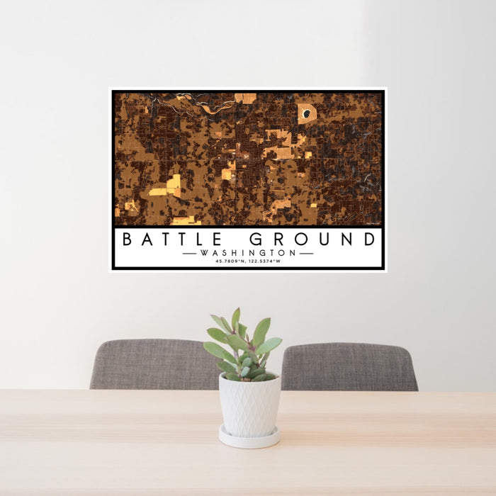 24x36 Battle Ground Washington Map Print Lanscape Orientation in Ember Style Behind 2 Chairs Table and Potted Plant