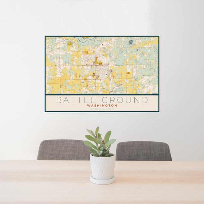 24x36 Battle Ground Washington Map Print Lanscape Orientation in Woodblock Style Behind 2 Chairs Table and Potted Plant