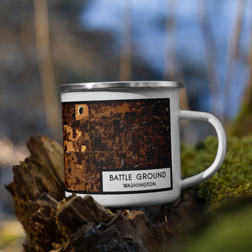 Right View Custom Battle Ground Washington Map Enamel Mug in Ember on Grass With Trees in Background