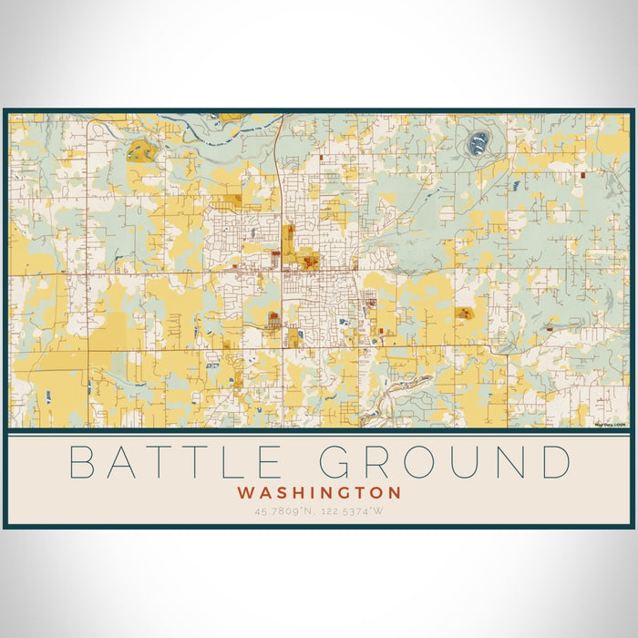 Battle Ground Washington Map Print Landscape Orientation in Woodblock Style With Shaded Background