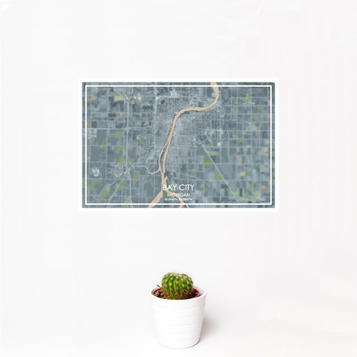 12x18 Bay City Michigan Map Print Landscape Orientation in Afternoon Style With Small Cactus Plant in White Planter