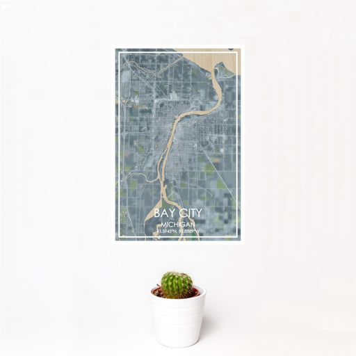 12x18 Bay City Michigan Map Print Portrait Orientation in Afternoon Style With Small Cactus Plant in White Planter