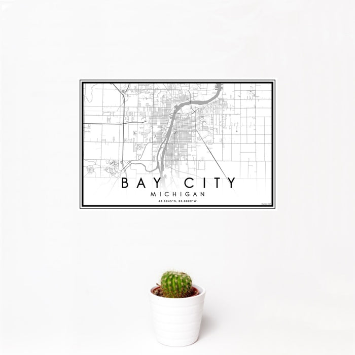 12x18 Bay City Michigan Map Print Landscape Orientation in Classic Style With Small Cactus Plant in White Planter