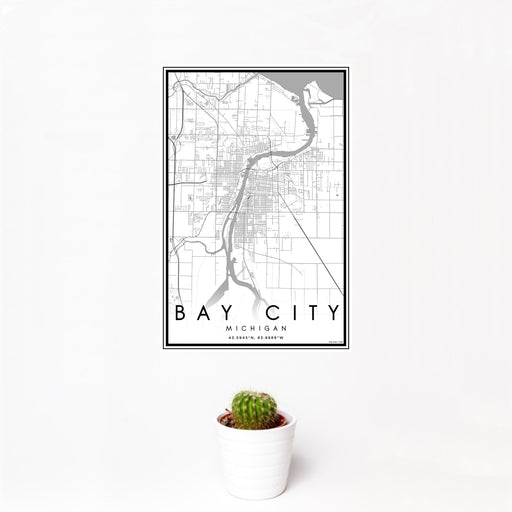 12x18 Bay City Michigan Map Print Portrait Orientation in Classic Style With Small Cactus Plant in White Planter