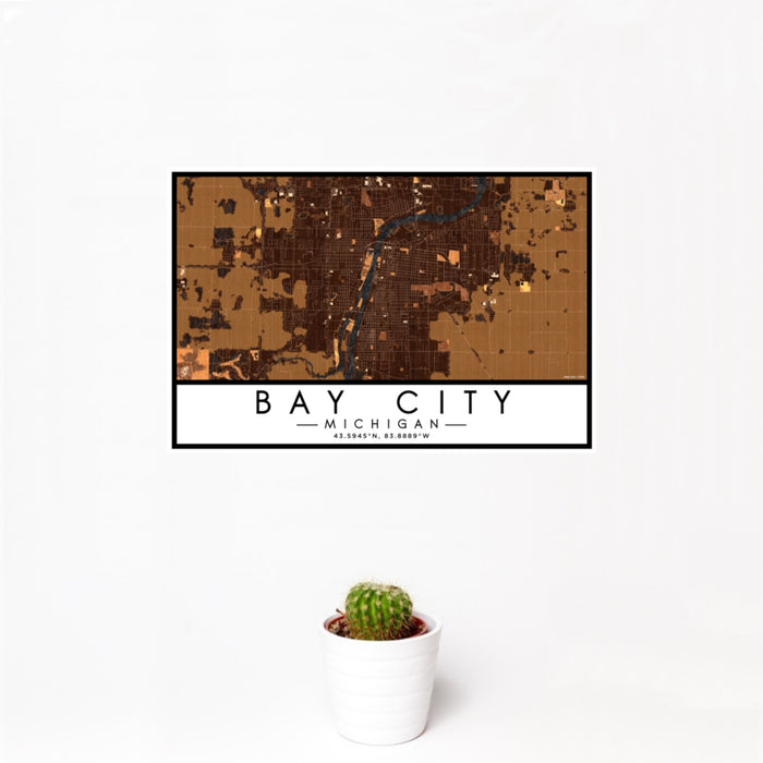 12x18 Bay City Michigan Map Print Landscape Orientation in Ember Style With Small Cactus Plant in White Planter