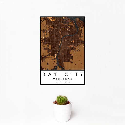 12x18 Bay City Michigan Map Print Portrait Orientation in Ember Style With Small Cactus Plant in White Planter